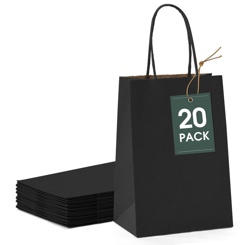 GSSUSA Kraft Paper Gift Bags 5.25x3.75x8'' 20 Pcs, Black Paper Bags with Handles, Bulk Kraft Gift Bag for Shopping, Craft, Grocery, Party, Retail, Lunch, Business, Wedding, Merchandise, Boutique - Image 1